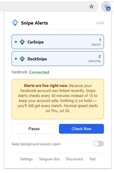 The extension popup once connected, showing CarSnipe with one search and DockSnipe with two, and Facebook connected