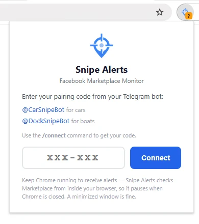 The Snipe Alerts extension popup asking for a pairing code, listing @CarSnipeBot for cars and @DockSnipeBot for boats