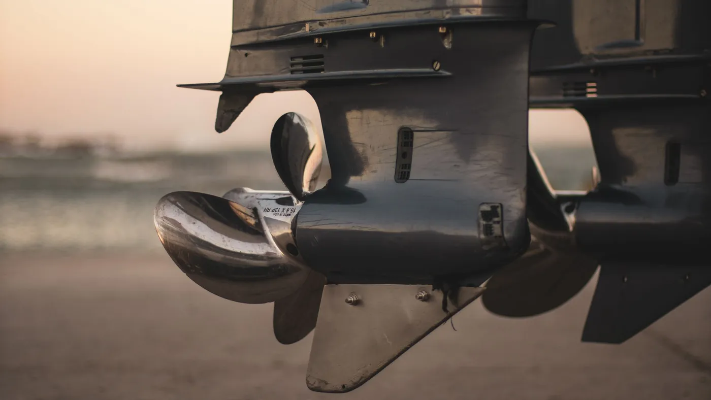 Close-up of an outboard lower unit and propeller