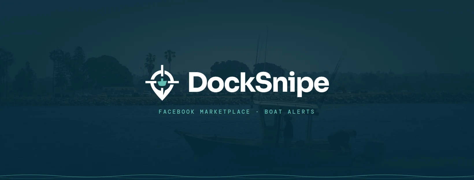 The DockSnipe Facebook cover: the lockup over a center console at anchor
