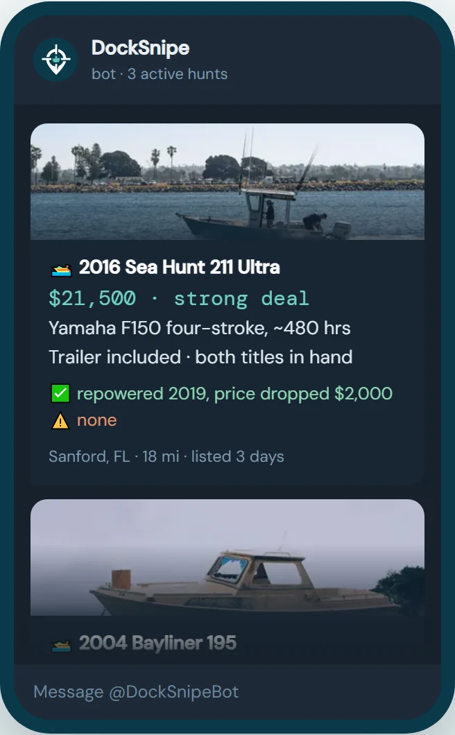 A DockSnipe alert in Telegram with the price, the specs and the flags